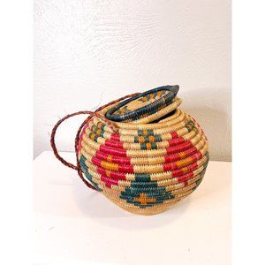 Vintage Hand Woven African Basket With Lid and Handle Colorful.